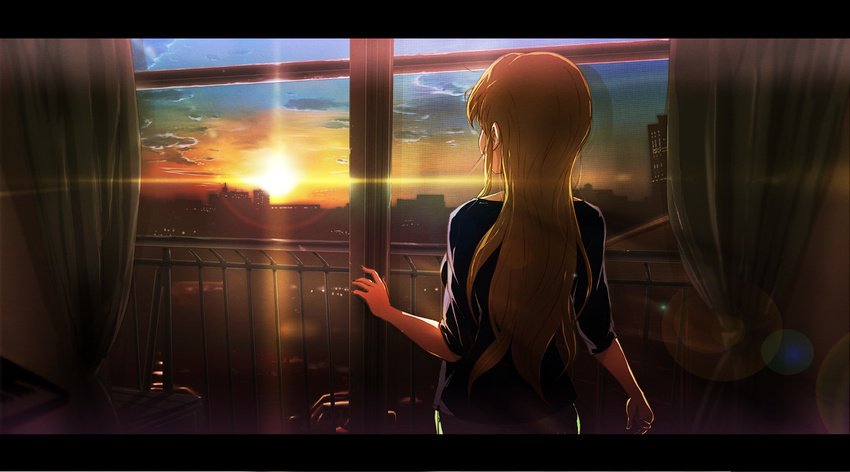 71 blonde_hair cityscape cloud from_behind instrument k-on! keyboard_(instrument) kotobuki_tsumugi lens_flare letterboxed long_hair sky solo sun twilight window