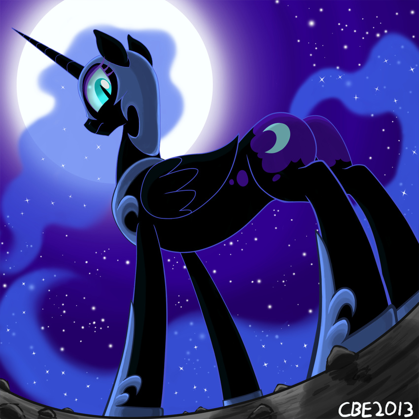 armor blue_eyes butt crimsonbugeye equine female feral friendship_is_magic helmet horn looking_at_viewer low-angle_shot mammal my_little_pony night nightmare_moon_(mlp) rock slit_pupils solo sparkles stars winged_unicorn wings worm's-eye_view