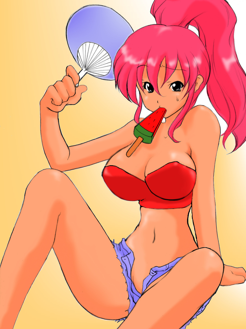 1girl breasts fan food fruit large_breasts lion_(abc3639) ponytail rai_on_(abc3639) red_hair solo watermelon