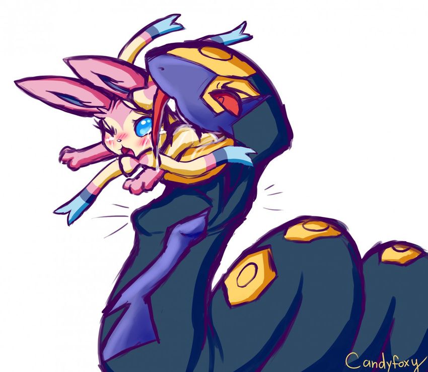 blue_eyes blush bow candyfoxy duo eeveelution fangs feral nintendo one_eye_closed open_mouth plain_background pok&#233;mon pok&eacute;mon red_eyes reptile ribbons scalie seviper size_difference snake sylveon teeth tongue video_games vorarephilia vore white_background