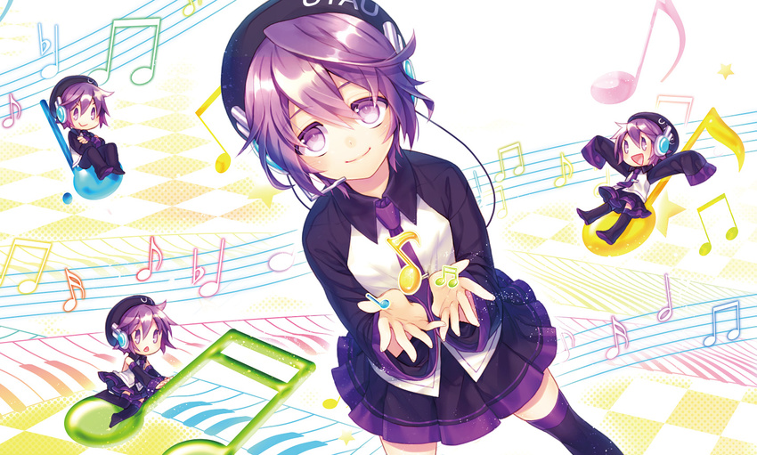 :&gt; :&lt; :d \o/ arms_up beret boots checkered checkered_floor chestnut_mouth chibi crossed_arms hat headphones headset multiple_girls multiple_persona musical_note necktie open_mouth outstretched_arms pleated_skirt purple_eyes purple_hair renta_(deja-vu) short_hair sitting skirt sleeves_past_wrists smile standing star thigh_boots thighhighs utane_uta utau