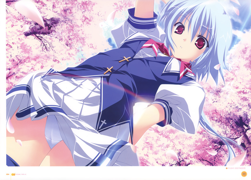 absurdres blue_hair cherry_blossoms from_below fumio_(ura_fmo) highres huge_filesize kuu_(lyrical_lyric) lyrical_lyric panties pantyshot red_eyes school_uniform short_hair solo underwear white_panties