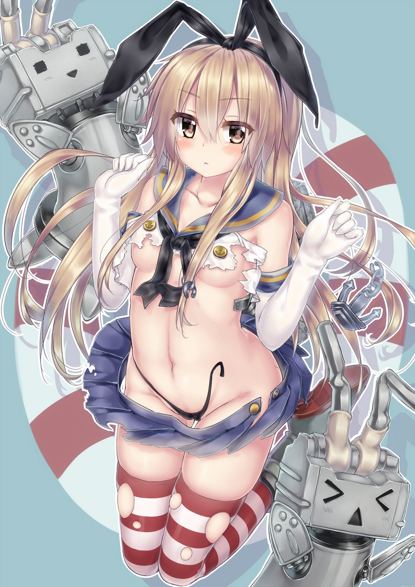 &gt;_&lt; :&lt; anchor anchor_hair_ornament bad_id bad_pixiv_id black_neckwear blonde_hair blush boots breasts brown_eyes buttons cameltoe chain closed_eyes collarbone elbow_gloves full_body gloves hair_between_eyes hair_ornament headband highres kantai_collection lifebuoy long_hair looking_at_viewer microskirt navel neckerchief panties rensouhou-chan revealing_clothes robot shadow shimakaze_(kantai_collection) side-tie_panties skindentation skirt small_breasts solo string_panties striped striped_legwear thighhighs torn_clothes torn_legwear torn_skirt underwear untied wataru_(zazazazazazawa) white_gloves