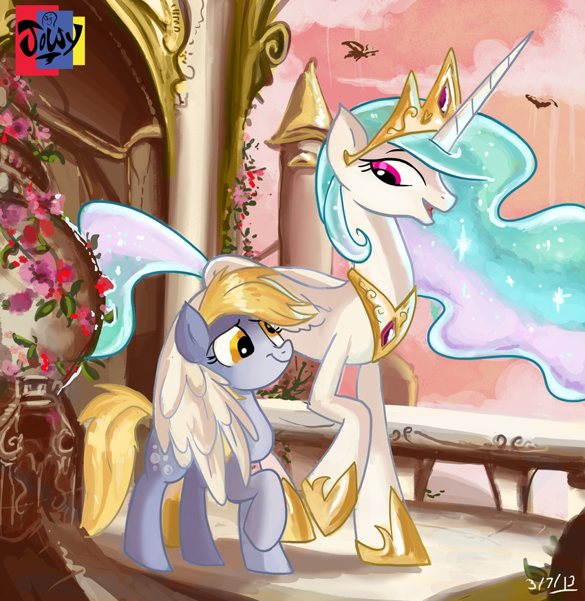 balcony blonde_hair building crown cutie_mark derpy_hooves_(mlp) duo equine female feral flower friendship_is_magic fur grey_fur hair horn horse jowybean long_hair mammal multi-colored_hair my_little_pony open_mouth outside pegasus pony princess princess_celestia_(mlp) purple_eyes royalty sky smile tongue white_fur winged_unicorn wings yellow_eyes