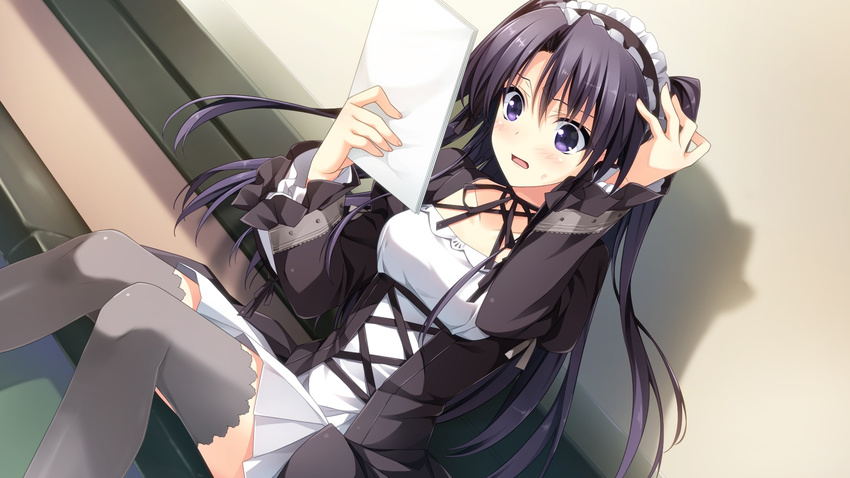 1girl berry's berry's black_hair blue_eyes blush breasts game_cg highres kokonobi legs long_hair maid maid_headdress morikubo_yuna open_mouth paper reading shadow sitting skirt solo thighhighs thighs twintails wall