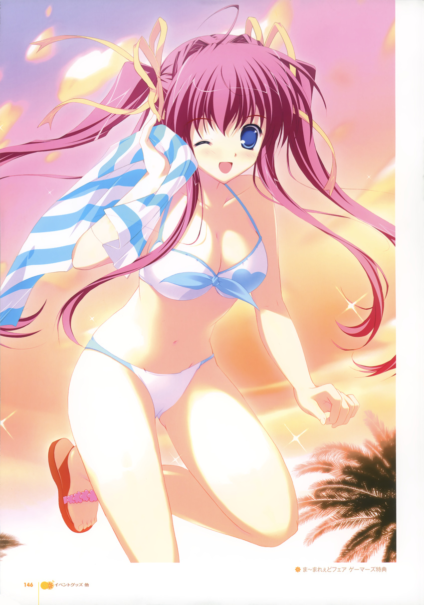 ;d absurdres asakura_nanao bikini blue_eyes blush breasts cameltoe cleavage front-tie_top hair_ribbon highres legs long_hair lyrical_lyric medium_breasts mikeou navel one_eye_closed open_mouth pink_hair ribbon smile striped swimsuit towel twintails white_bikini