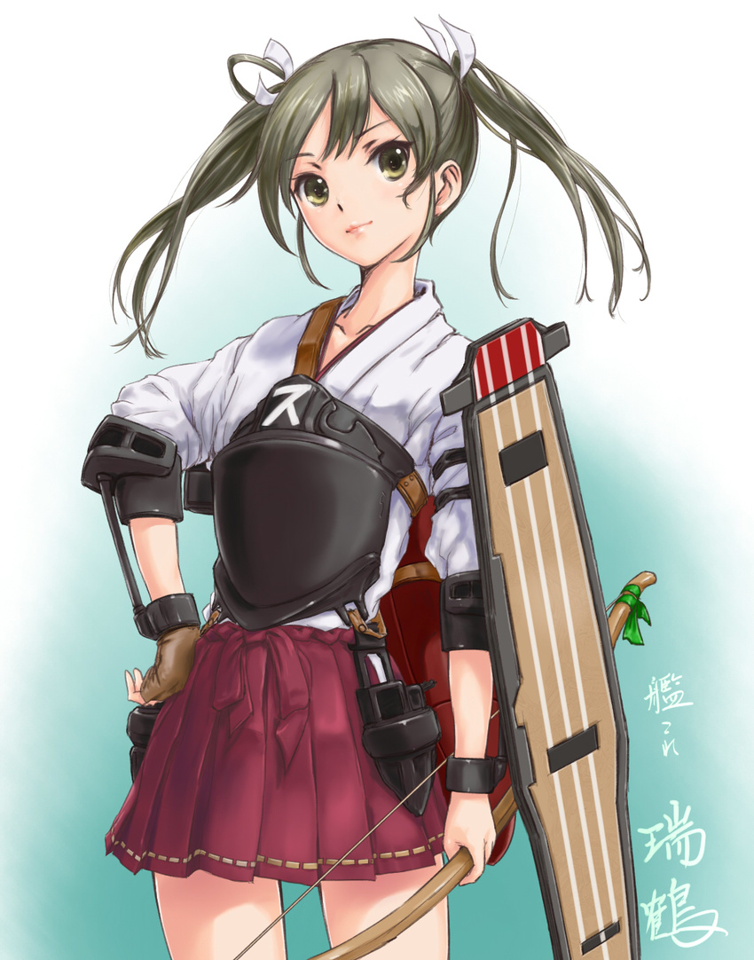 archery blush bow_(weapon) brown_eyes brown_hair gloves hand_on_hip highres japanese_clothes kantai_collection kyuudou long_hair looking_at_viewer muneate rasukaru single_glove skirt smile solo twintails weapon zuikaku_(kantai_collection)