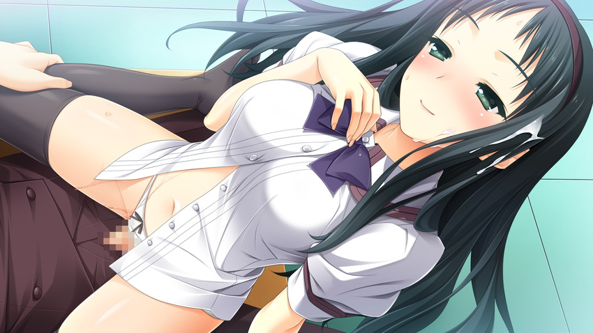 1girl berry's berry's blush breasts censored cum cum_on_hair facial game_cg girl_on_top green_eyes green_hair hairband highres kokonobi legs long_hair looking_down lying makinosawa_ena navel panties panties_aside penis school_uniform sex sitting sitting_on_person smile sweat thighhighs thighs underwear vaginal