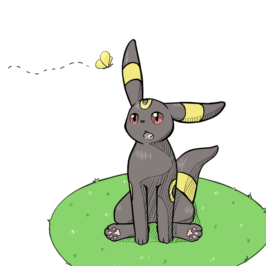 ambiguous_gender arthropod butterfly canine eeveelution feral fox grass hi_res insect mammal nintendo open_mouth plain_background pok&#233;mon pok&eacute;mon solo umbreon video_games white_background yunagi_(artist)