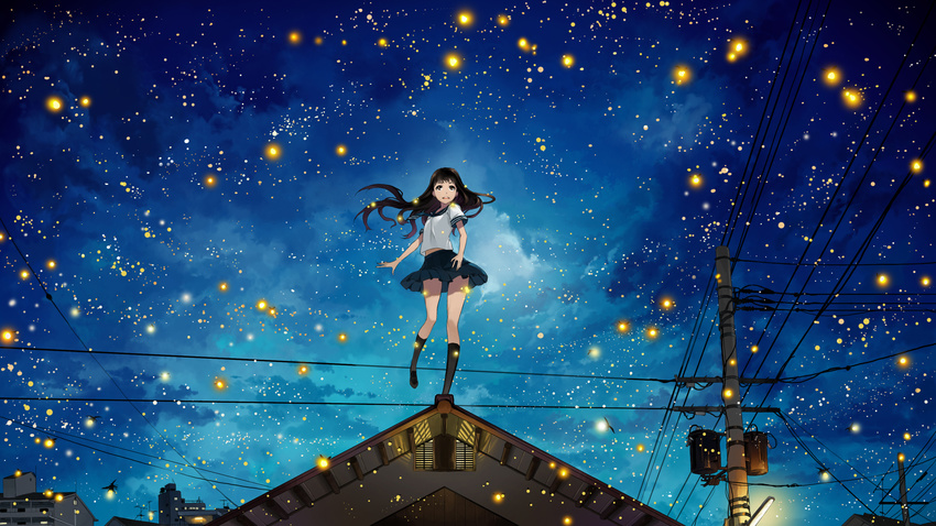 black_hair brown_eyes bug cloud fireflies firefly highres house insect justminor long_hair night night_sky open_mouth original power_lines rooftop school_uniform serafuku skirt sky solo standing standing_on_one_leg star_(sky) starry_sky telephone_pole transformer wide_shot wind wind_lift