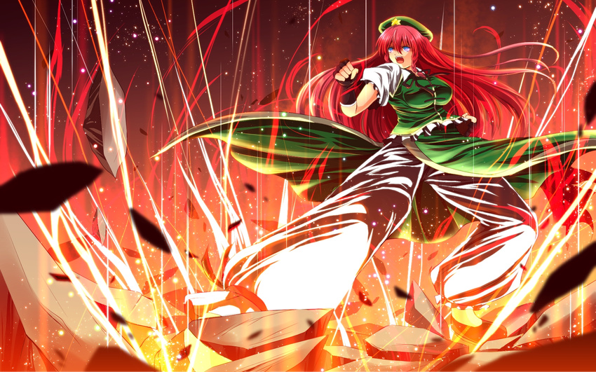 bad_id bad_pixiv_id black_gloves blue_eyes braid breasts broken_ground chinese_clothes fighting_stance fingerless_gloves gloves hat highres hong_meiling large_breasts long_hair nekominase open_mouth pants pants_under_skirt red_hair shirt short_sleeves skirt skirt_set solo star touhou twin_braids very_long_hair