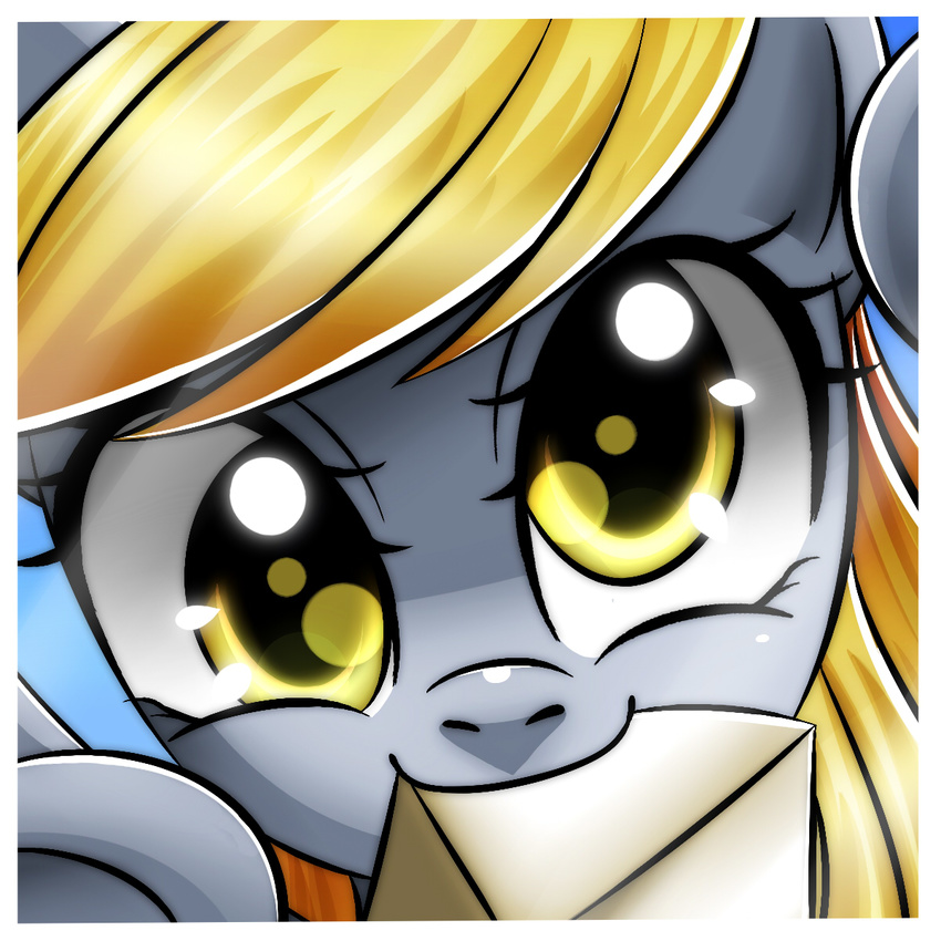 blonde_hair cute derpy_hooves_(mlp) equine female feral friendship_is_magic fur glare grey_fur hair headshot_portrait horse letter long_hair looking_at_viewer mammal my_little_pony pegasus pony portrait princesssilverglow shadow smile solo wings yellow_eyes