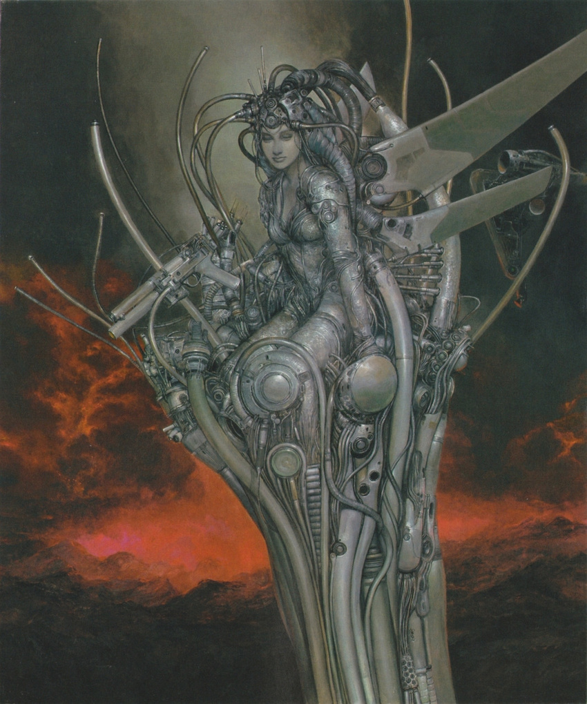 80s android cable cyberpunk cyborg grey_skin guardic_gaiden gun highres katou_naoyuki lips mechanical_wings official_art oldschool realistic scan science_fiction solo system_d.p. traditional_media weapon wings wire