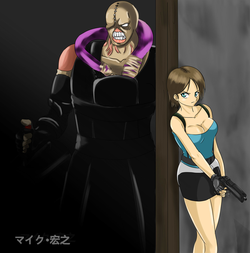 1girl angry arm arms belt blue_eyes breasts brown_hair capcom cleavage clenched_teeth detonator fingerless_gloves gloves gun hiding highres holding jill_valentine large_breasts legs looking_back monster nemesis resident_evil resident_evil_3 serious short_hair skirt strapless teeth v_arms weapon