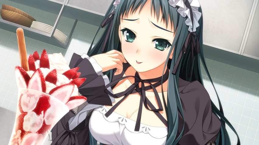 1girl berry's berry's blush breasts cleavage cream cup food fruit game_cg green_eyes green_hair highres ice_cream kokonobi long_hair looking_at_viewer maid maid_headdress makinosawa_ena sitting smile solo strawberry sundae tongue tongue_out