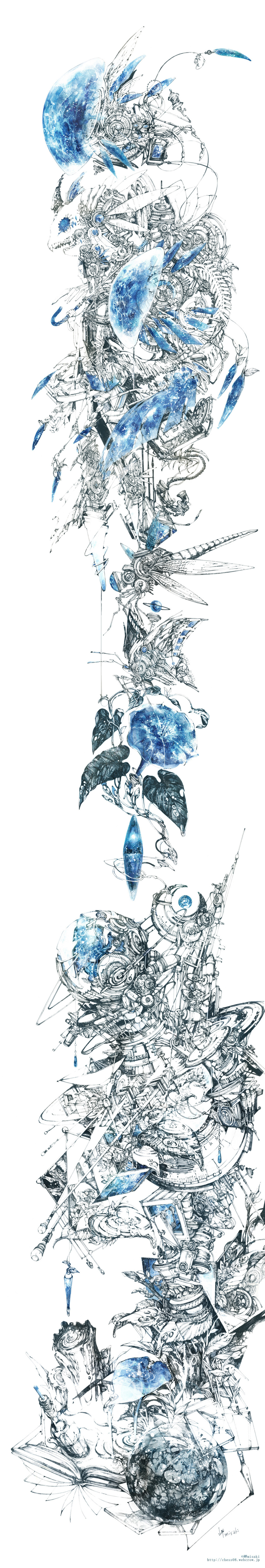 absurdres artist_name blue book clock clockwork flower gears highres leaf long_image misaki_(chess08) no_humans original partially_colored signature tall_image