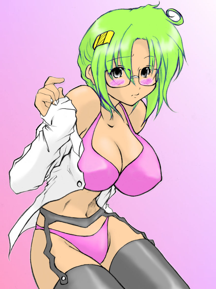 1girl blush breasts cleavage glasses green_hair large_breasts lion_(abc3639) rai_on_(abc3639) simple_background solo