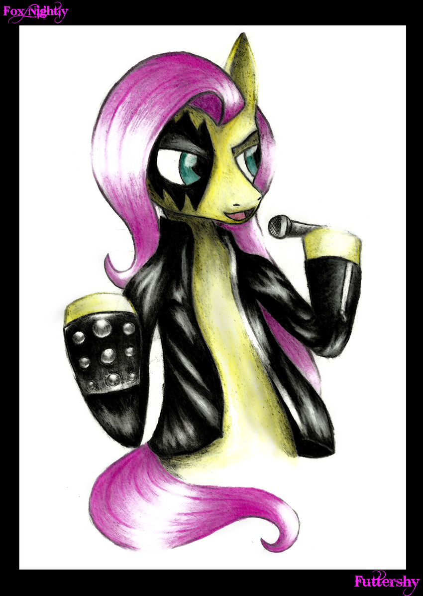 anthrofied cyan_eyes equine female fluttershy_(mlp) foxnightly2010 friendship_is_magic fur goth hair horse jacket long_hair mammal metal microphone my_little_pony open_mouth pink_hair plain_background pony singing solo tongue white_background yellow_fur
