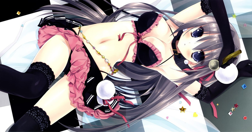 1girl bare_shoulders black_gloves blue_eyes blush character_request collar collarbone female gloves gray_hair grey_hair long_hair looking_at_viewer midriff miyasu_risa navel skirt solo source_request straight_hair thighhighs zettai_ryouiki