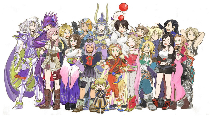 6+girls aerith_gainsborough armor bandana butz_klauser cain_highwind cape cecil_harvey cloud_strife dark_skin dissidia_012_final_fantasy dissidia_final_fantasy dress everyone final_fantasy final_fantasy_i final_fantasy_ii final_fantasy_iii final_fantasy_iv final_fantasy_ix final_fantasy_v final_fantasy_vi final_fantasy_vii final_fantasy_viii final_fantasy_x final_fantasy_xi final_fantasy_xii final_fantasy_xiii frioniel gloves headband helmet heterochromia horned_helmet horns laguna_loire lightning_farron long_hair looking_at_viewer matsuri6373 moogle multiple_boys multiple_girls onion_knight pantyhose pink_dress pointy_ears prishe shantotto skirt smile spiked_hair squall_leonhart suspenders tidus tifa_lockhart tina_branford vaan vest warrior_of_light yuna_(ff10) zidane_tribal