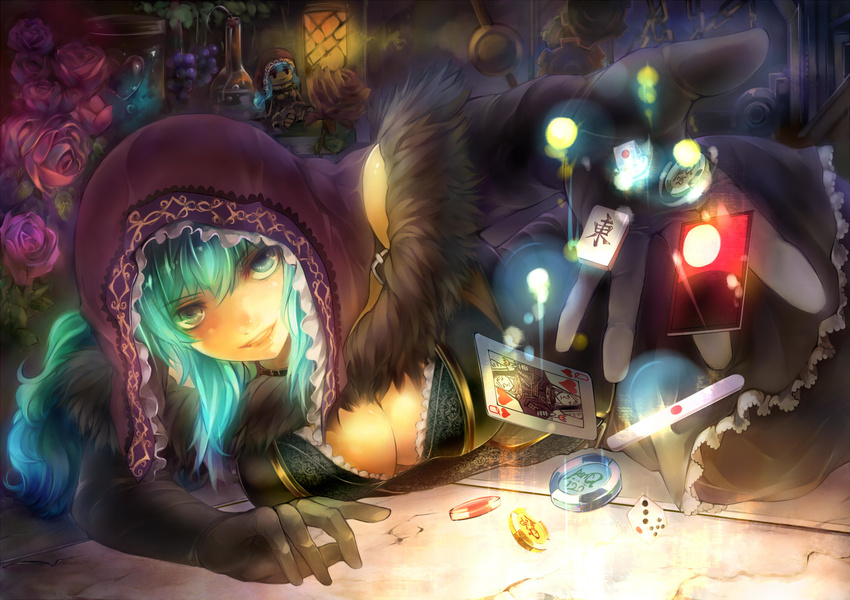 aqua_eyes aqua_hair bottle breasts card chain cleavage dice doll elbow_gloves flower food fruit fur_trim gears gloves grapes grin hood lantern large_breasts long_hair luco_san mahjong mahjong_tile on_floor original outstretched_arm playing_card poker_chip rose shawl smile solo stone_floor