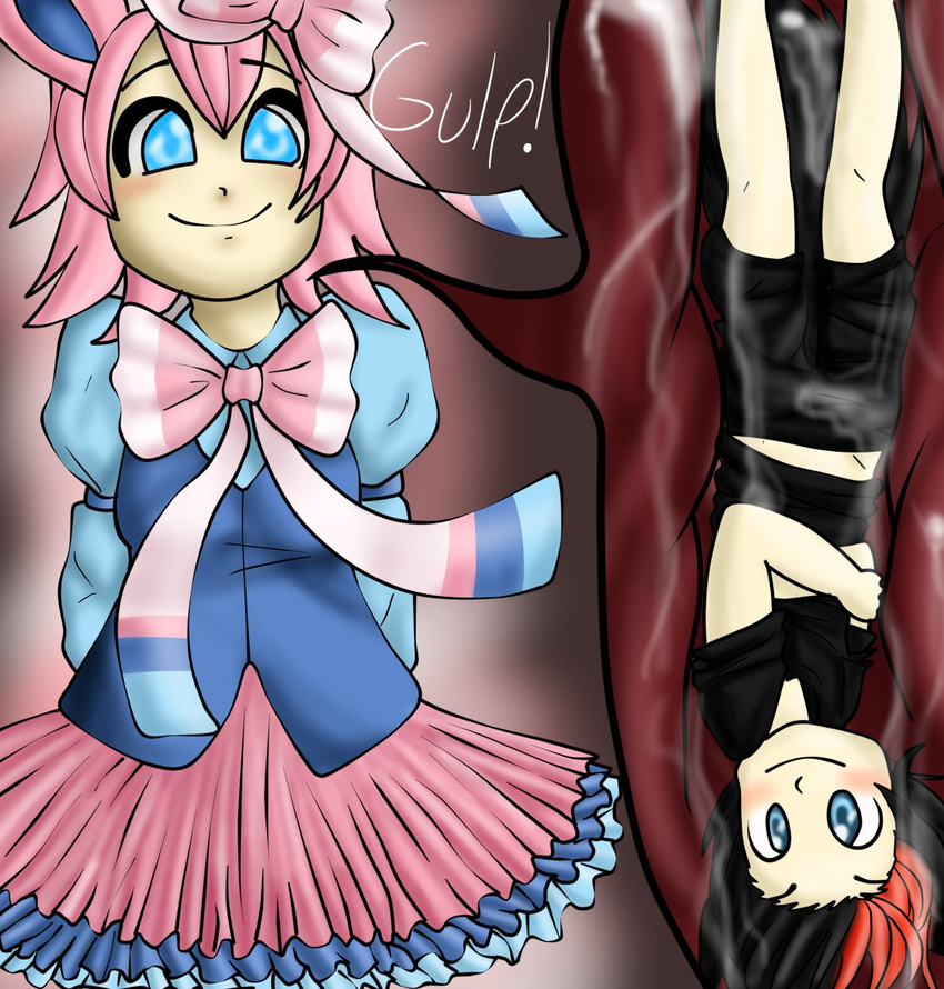 blue_eyes bow breasts clothed clothing dress duo eeveelution female gulp hair human internal looking_at_viewer male mammal micro miloto multi-colored_hair nintendo pink_hair pok&#233;mon pok&eacute;mon red_hair size_difference smile sylveon video_games vorarephilia vore