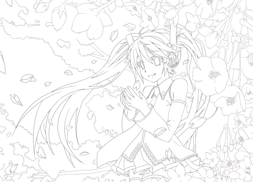 cherry_blossoms detached_sleeves haruki_(colorful_macaron) hatsune_miku headphones highres lineart long_hair monochrome necktie solo twintails very_long_hair vocaloid