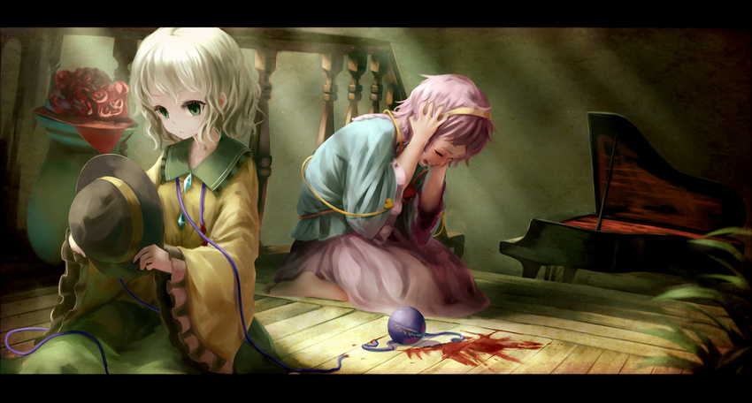 blood bloody_clothes crying empty_eyes flower grand_piano green_eyes hairband hands_on_own_head hat hat_removed hat_ribbon headwear_removed highres holding holding_hat instrument kachayori komeiji_koishi komeiji_satori letterboxed long_sleeves multiple_girls open_mouth piano pink_hair red_flower red_rose ribbon rose self-mutilation shirt siblings silver_hair sisters sitting skirt third_eye touhou vase wariza wide_sleeves
