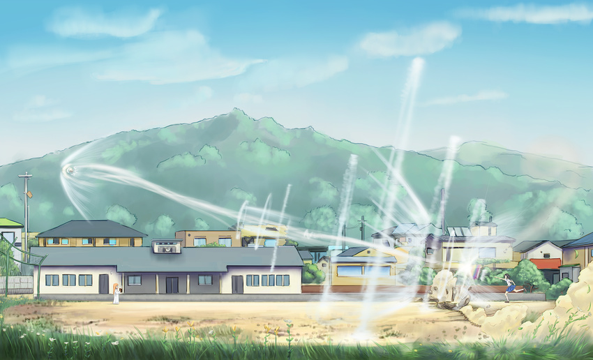 2girls baseball black_hair dekus highres long_hair mountain mountains multiple_girls nichijou open_mouth orange_hair professor_shinonome robot school_uniform shinonome_nano short_hair skirt sky sninonome_nano socks standing telephone_pole winding_key