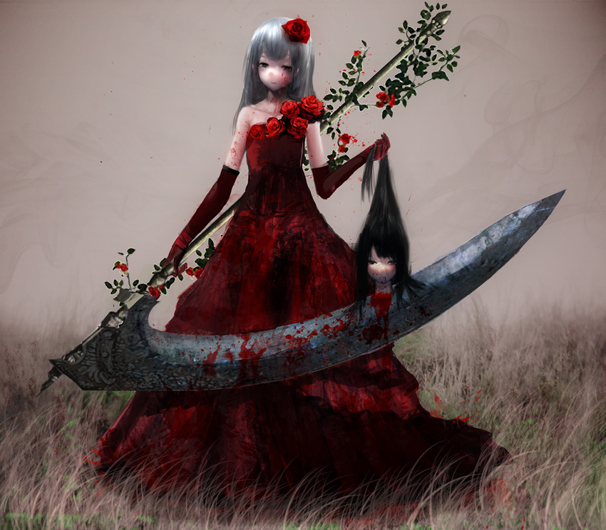 black_hair blood dress dripping elbow_gloves field flower gloves gown grass guro hair_flower hair_ornament holding long_hair looking_at_viewer multiple_girls original outdoors plant red_dress red_flower red_rose rose scythe severed_head silver_hair strapless strapless_dress weapon yuyutan0904