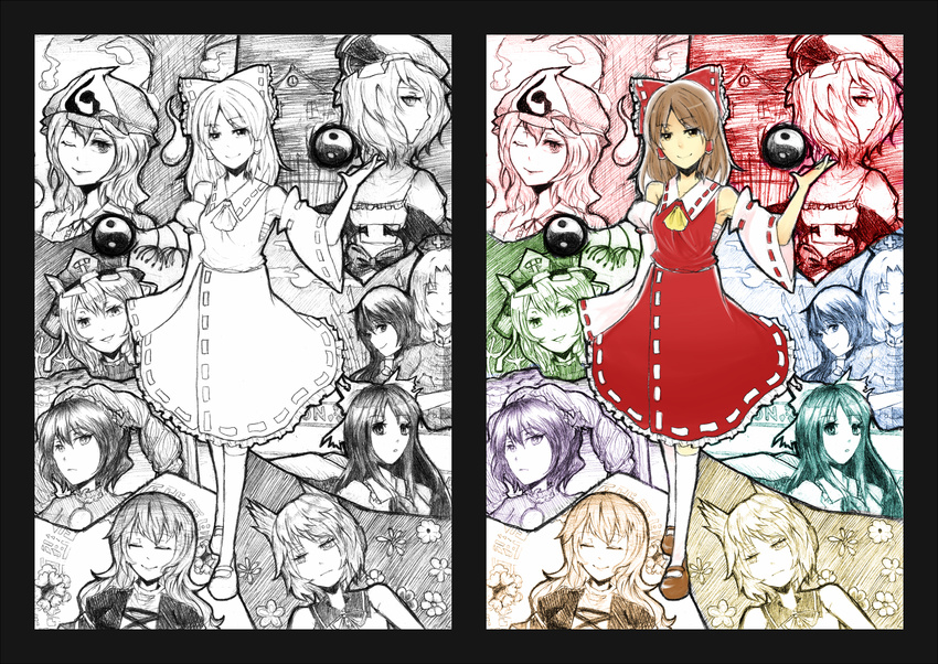 animal_ears bad_id bad_pixiv_id bow brown_eyes brown_hair detached_sleeves hair_bow hair_ornament hair_tubes hakurei_reimu hat hijiri_byakuren houraisan_kaguya long_hair looking_at_viewer looking_back monochrome multiple_girls pasu reiuji_utsuho remilia_scarlet saigyouji_yuyuko sarashi shiki_eiki short_hair skirt smile thighhighs touhou toyosatomimi_no_miko yagokoro_eirin yasaka_kanako yin_yang