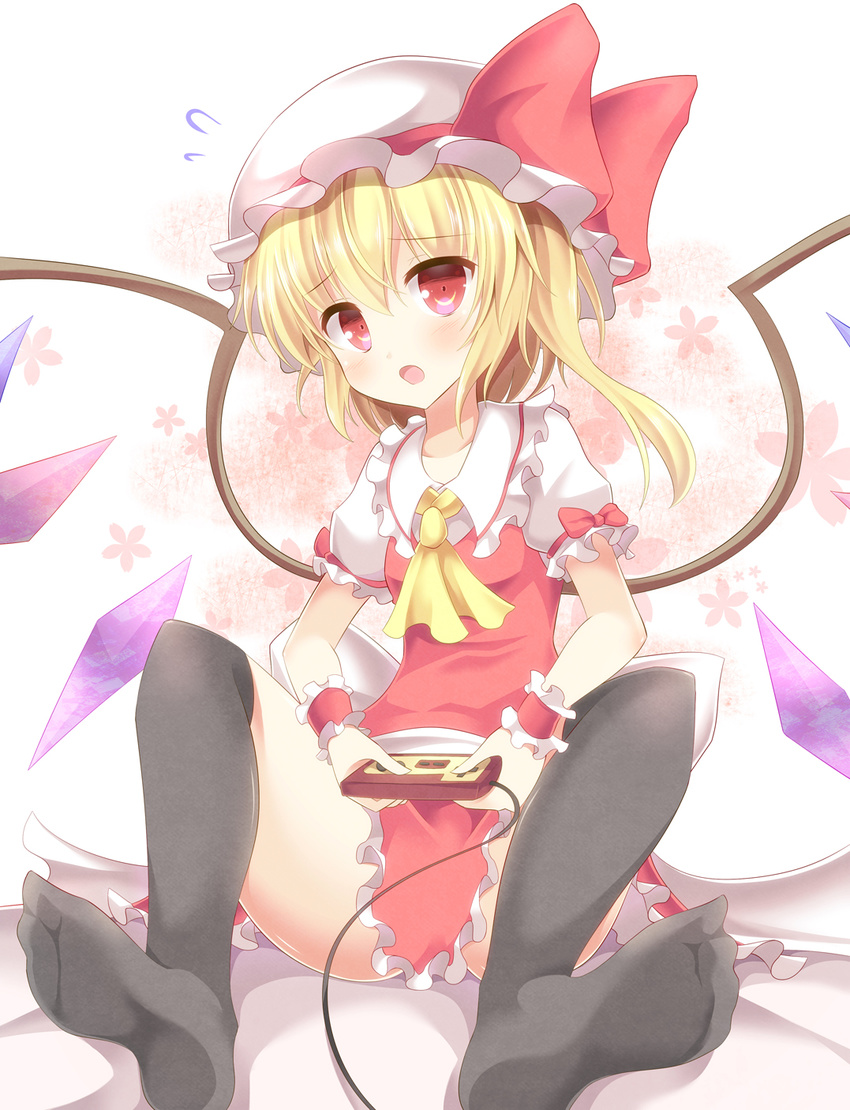 aibumi ascot bad_id bad_pixiv_id black_legwear blonde_hair blush controller crystal famicom flandre_scarlet game_console hat highres open_mouth red_eyes short_hair short_sleeves side_ponytail sitting skirt smile solo thighhighs touhou wings