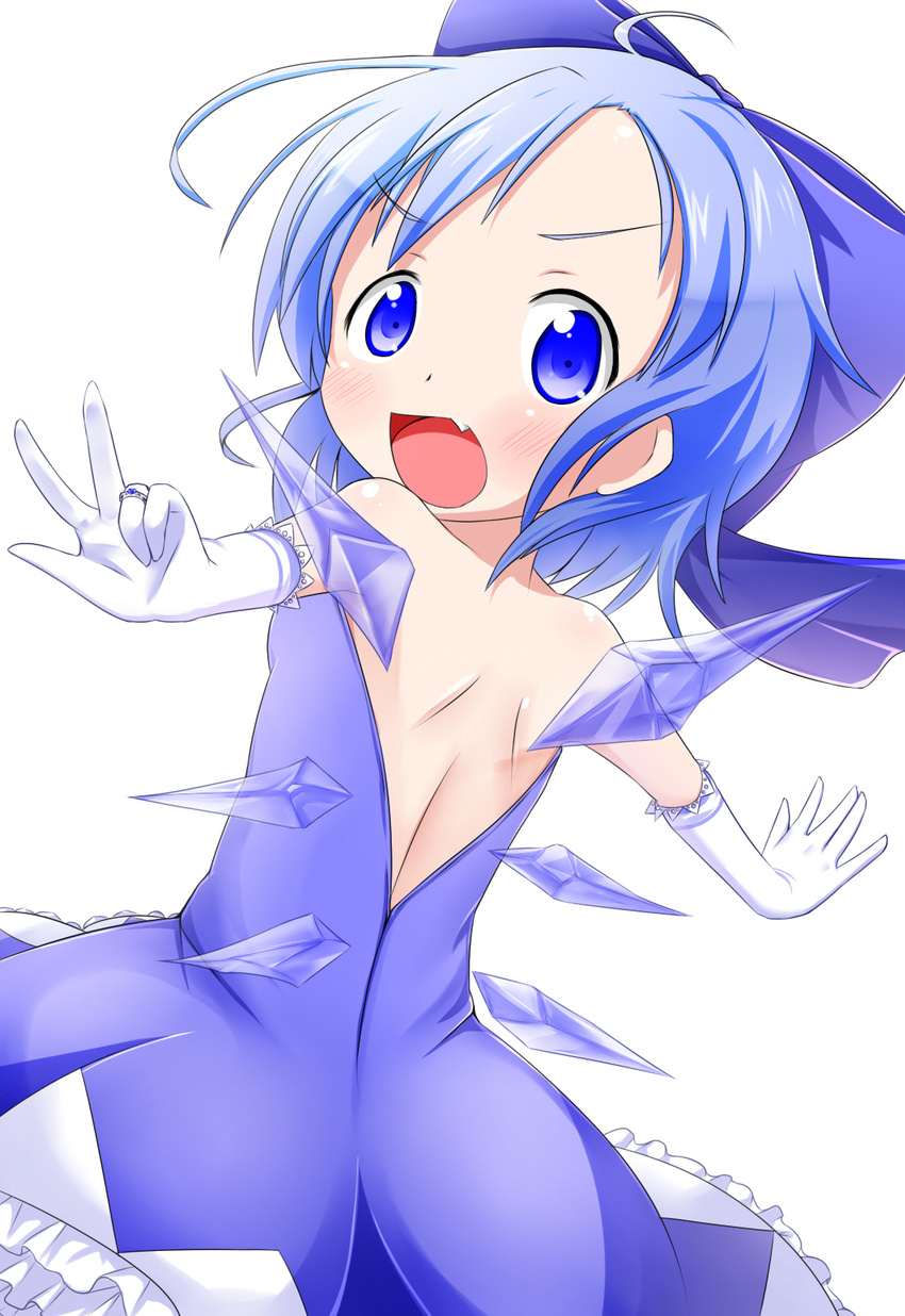 adapted_costume back backless_outfit bad_proportions bare_shoulders blue_dress blue_eyes blue_hair blush bow cirno detached_wings dress elbow_gloves fang gloves hair_bow highres ice ice_wings jewelry looking_at_viewer looking_back makuran open_mouth outstretched_arms ring simple_background smile solo strapless strapless_dress touhou v white_background white_gloves wings