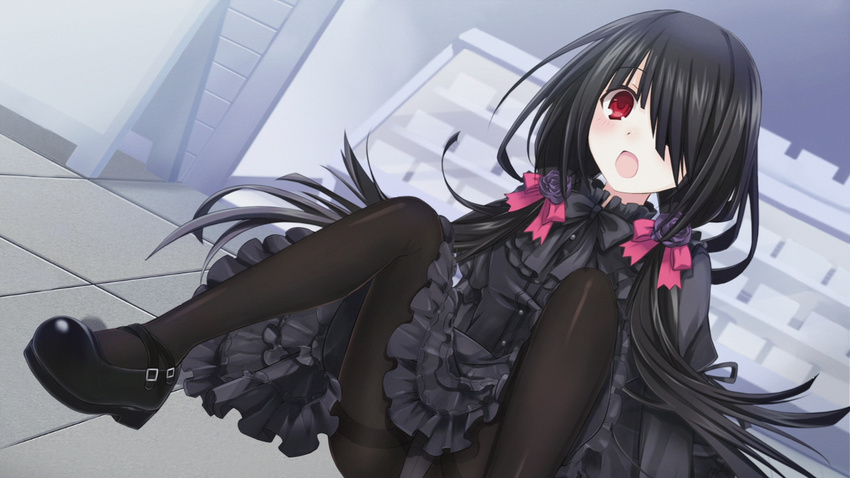 1girl black_dress black_hair blush date_a_live dress gothic hair_over_one_eye highres long_hair looking_at_viewer mary_janes open_mouth panties pantyhose red_eyes shoes sitting solo tokisaki_kurumi tsunako twintails underwear