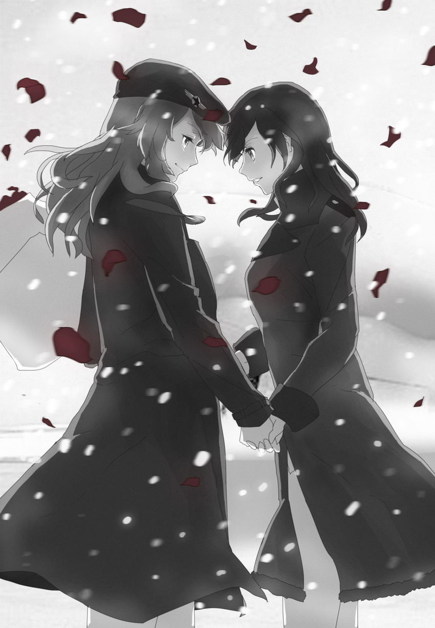 bad_id bad_pixiv_id charlotte_e_yeager coat couple eye_contact gertrud_barkhorn hat highres holding_hands interlocked_fingers kisetsu light_smile long_hair looking_at_another military_hat military_jacket monochrome multiple_girls petals profile snow snowing spot_color strike_witches winter_clothes winter_coat world_witches_series yuri