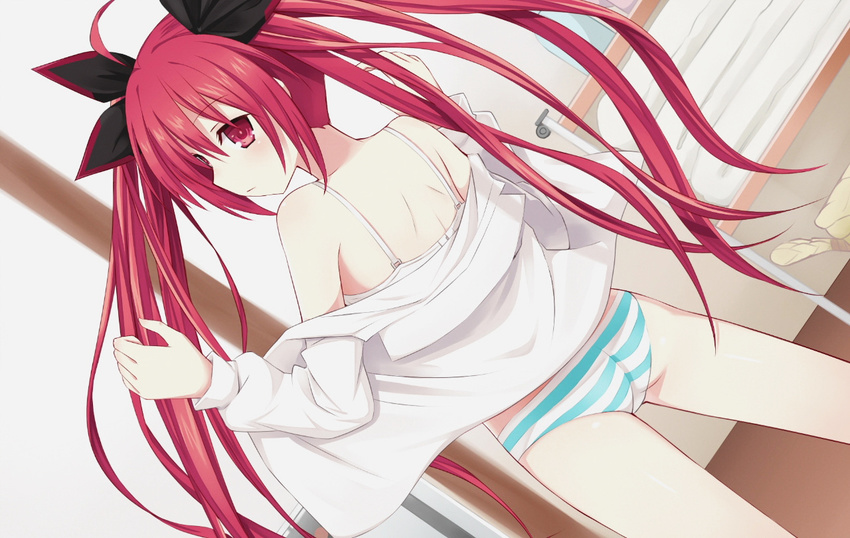 1girl ass back bare_shoulders bra date_a_live hair_ornament highres itsuka_kotori legs long_hair looking_back panties red_eyes red_hair solo standing striped striped_panties thighs twintails underwear undressing