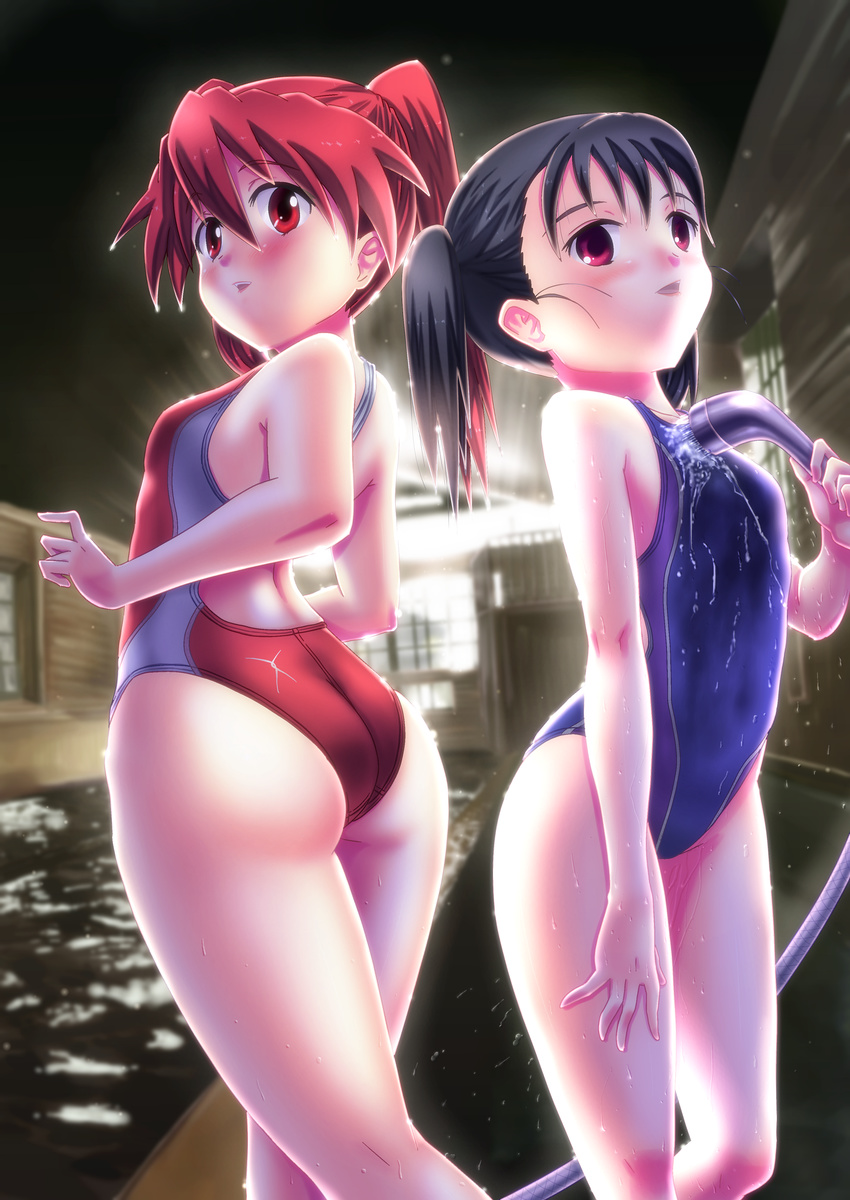 absurdres ass black_hair competition_swimsuit flat_chest highres multiple_girls one-piece_swimsuit original ponytail red_eyes red_hair ryokan short_hair swimsuit tennouji_masamichi water
