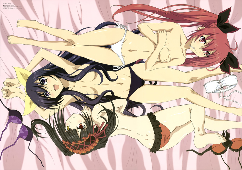 absurdres ahoge bikini black_hair bow breasts candy censored cleavage convenient_censoring date_a_live feet flat_chest food hair_bow headdress heterochromia highres itsuka_kotori legs lollipop long_hair looking_at_viewer lying medium_breasts multiple_girls non-web_source nyantype official_art on_back on_stomach one_eye_closed open_mouth purple_eyes red_eyes red_hair side-tie_bikini small_breasts smile swimsuit tokisaki_kurumi topless twintails very_long_hair yatogami_tooka yellow_eyes