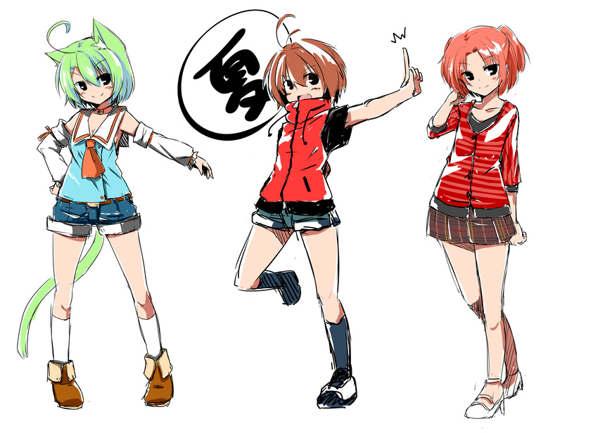 absurdres animal_ears blush brown_hair cat_ears cat_tail character_request dodome-iro_mayonnaise dodome_mayo green_hair highres looking_at_viewer multiple_girls open_mouth original sharon_(dodomayo) short_hair short_shorts shorts simple_background skirt smile tail white_background