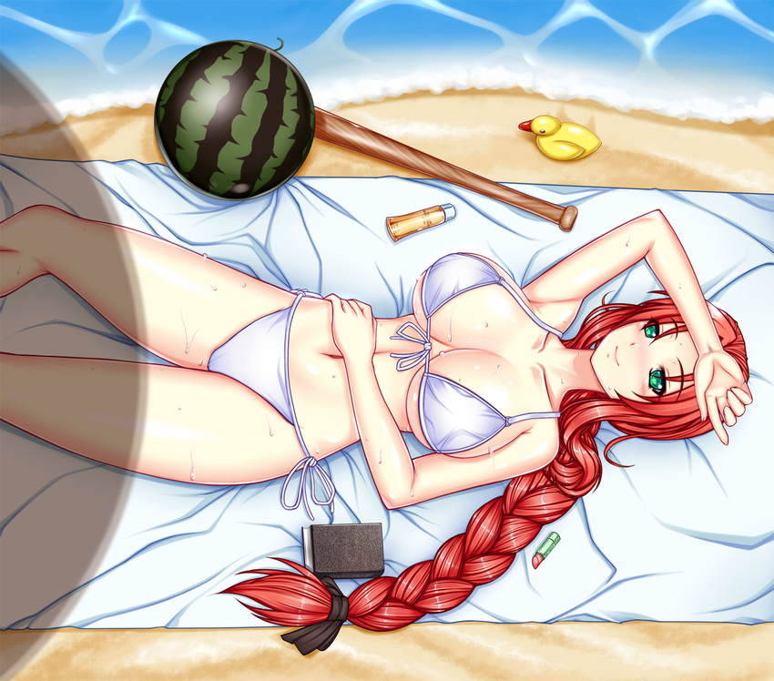 armpits baseball_bat beach bikini book braid breasts cleavage food front-tie_top fruit green_eyes highres large_breasts lipstick long_hair makeup md5_mismatch navel original red_hair ribbon rubber_duck ryuuzouji_usagi shiny shiny_skin side-tie_bikini smile solo swimsuit very_long_hair watermelon white_bikini