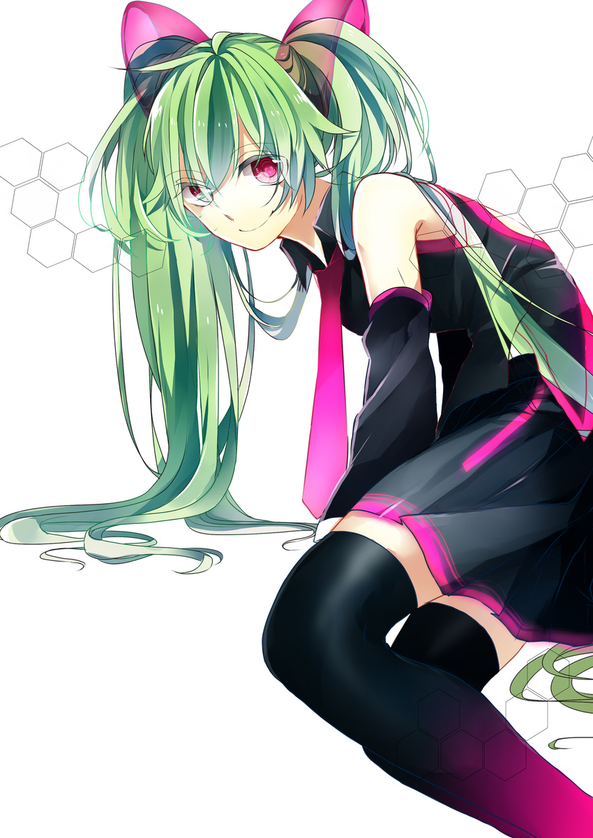 absurdres bad_id bad_pixiv_id detached_sleeves green_hair hatsune_miku heart heart-shaped_pupils hibiya highres long_hair necktie pink_eyes skirt smile solo symbol-shaped_pupils thighhighs twintails vocaloid