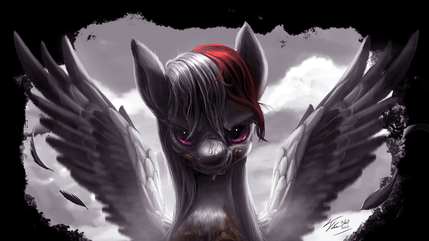 cloud clouds dirt equine female feral friendship_is_magic fur grey_fur grey_hair hair headshot_portrait hi_res horse looking_at_viewer mammal my_little_pony pony portrait purple_eyes rainbow_dash_(mlp) red_hair signature sky smile solo spread_wings tsitra360 two_tone_hair wallpaper wings