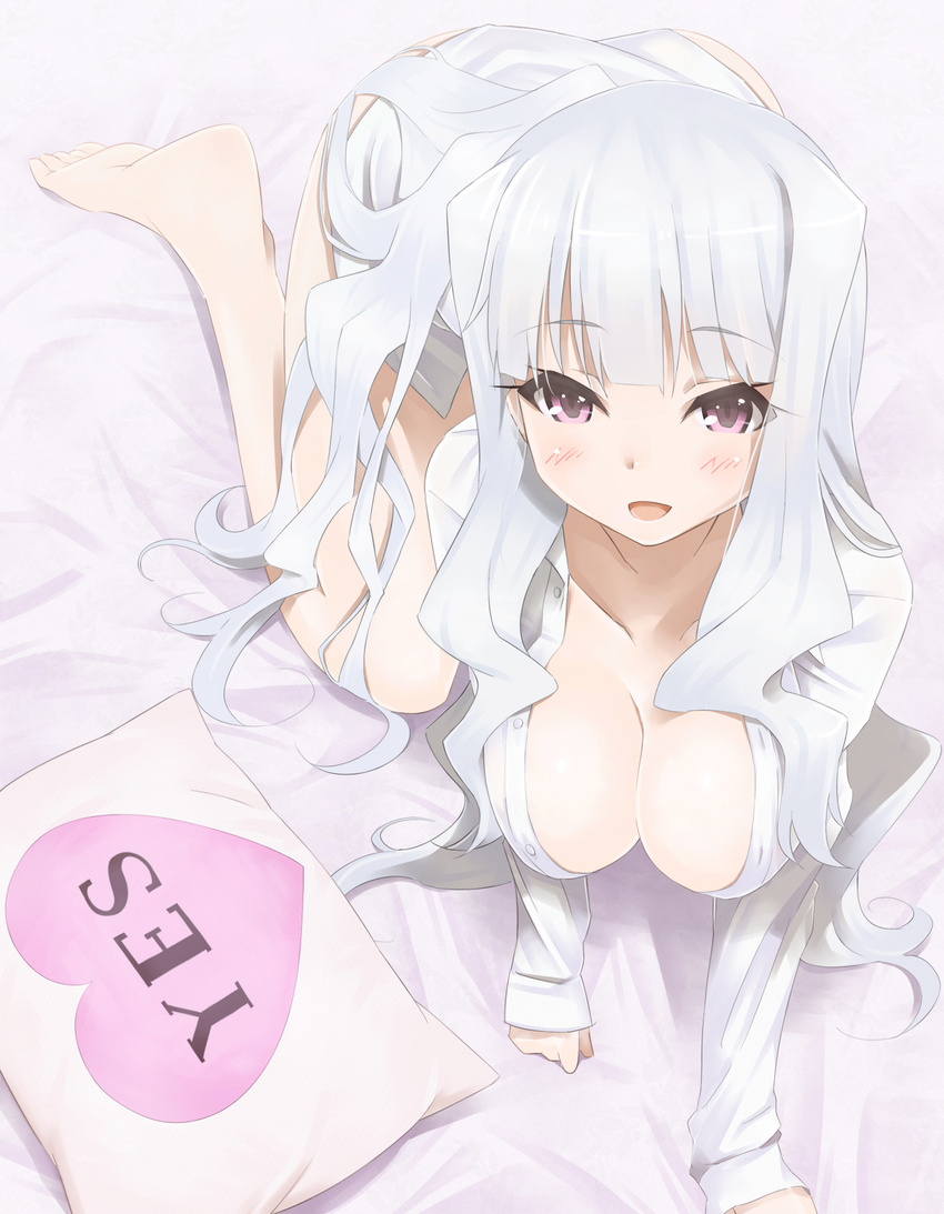 all_fours barefoot blush breasts cleavage dress_shirt highres idolmaster idolmaster_(classic) katoma large_breasts long_hair long_sleeves open_clothes open_mouth open_shirt pillow purple_eyes shijou_takane shirt solo white white_hair yes yes-no_pillow