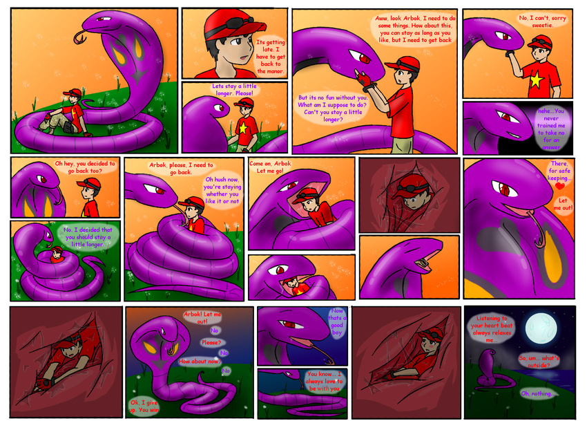 arbok black_eyes blush boots dialog embaressment embarrassed english_text eye_contact female fingerless_gloves gloves grass hat hug human large licking livinlovindude love lying macro mammal micro moon nintendo oral_vore pok&#233;mon red_eyes squeeze squeezing text tongue video_games vorarephilia vore wrap