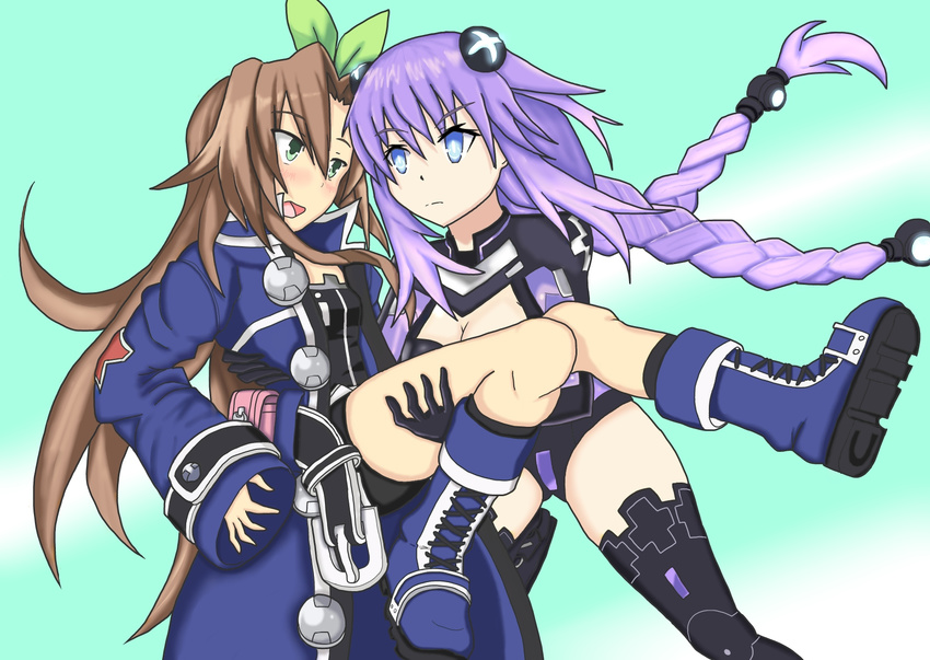 2girls artist_request blue_eyes blush boots braid breasts brown_hair carrying choujigen_game_neptune cleavage coat compile_heart green_eyes hair_ornament hair_ribbon hair_tubes highres idea_factory if_(choujigen_game_neptune) kami_jigen_game_neptune_v long_hair multiple_girls neptune_(choujigen_game_neptune) neptune_(series) open_mouth princess_carry purple_hair purple_heart ribbon small_breasts symbol-shaped_pupils twin_braids very_long_hair yuri