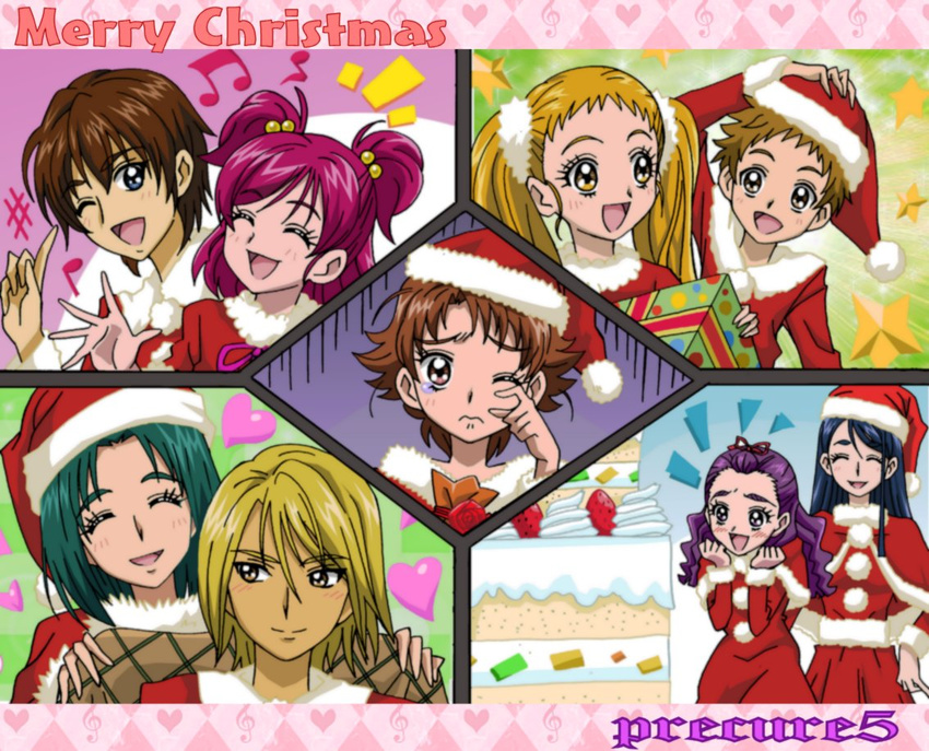 6+girls :d akimoto_komachi amai_shirou bad_id bad_pixiv_id blonde_hair blue_hair blush brown_hair cake christmas closed_eyes coco_(yes!_precure_5) copyright_name couple food fukushima_masaru gift green_hair happy heart hetero kasugano_urara_(yes!_precure_5) kokoda_kouji lonely milk_(yes!_precure_5) mimino_kurumi minazuki_karen multiple_boys multiple_girls natsuki_rin natts_(yes!_precure_5) nuts_(yes!_precure_5) one_eye_closed open_mouth pink_hair precure purple_hair sad santa_costume smile star syrup_(yes!_precure_5) tears wince yes!_precure_5 yes!_precure_5_gogo! yumehara_nozomi