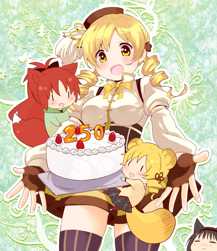 akemi_homura animal_ears beret blonde_hair bow bowtie cake chibi collaboration collaboration_request drill_hair dual_persona fingerless_gloves food fruit gloves hair_ornament hat highres mahou_shoujo_madoka_magica minigirl multiple_girls nori_senbei open_mouth outstretched_arms outstretched_hand sakura_kyouko school_uniform smile spread_arms strawberry striped striped_legwear tail thighhighs tomoe_mami twin_drills twintails vertical-striped_legwear vertical_stripes yellow_eyes |_|
