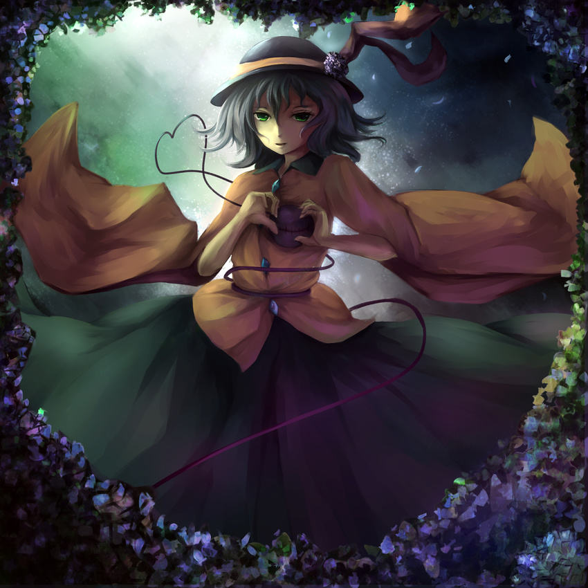 absurdres bad_id bad_pixiv_id dress flower gracehoo green_eyes green_hair hat heart heart_hands heart_of_string highres komeiji_koishi ribbon solo third_eye touhou