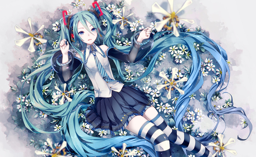 blue_hair flowers hatsune_miku long_hair skirt tagme thighhighs tie vocaloid