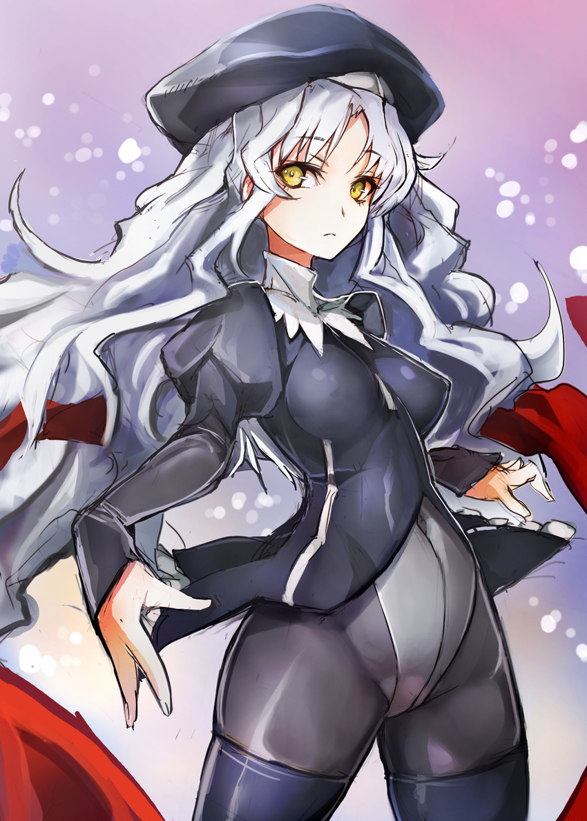 black_legwear caren_hortensia covered_navel fate/hollow_ataraxia fate_(series) hat highres layered_sleeves long_hair long_sleeves looking_at_viewer pantyhose shroud_of_magdalene silver_hair sketch solo taishi_(picchiridou) thighband_pantyhose thighhighs thighhighs_over_pantyhose yellow_eyes